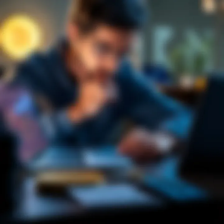 A person contemplating over a laptop with Bitcoin charts and a credit card on the table