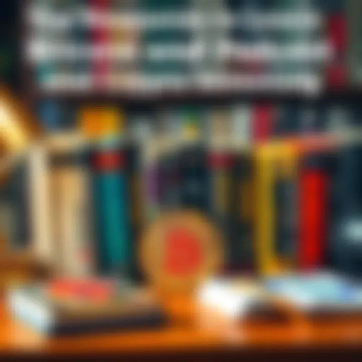 A selection of books and podcasts about Bitcoin and cryptocurrency investing on a desk