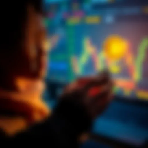 A person analyzing Bitcoin price charts with coins in hand, contemplating investment strategies.