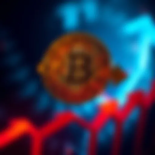 A Bitcoin coin surrounded by arrows pointing down, representing economic deflation and instability.