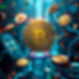A visual representation showing Bitcoin as a digital coin surrounded by earlier concepts of digital money, illustrating its place in the history of currency innovations.