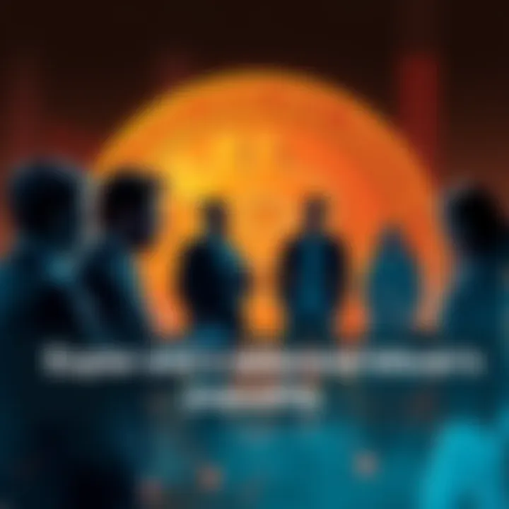 Group of people discussing Bitcoin and financial independence with Bitcoin symbol in the background