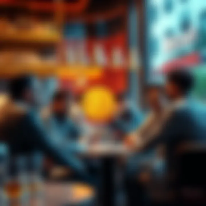 Group of people engaged in a lively discussion about Bitcoin at a café.