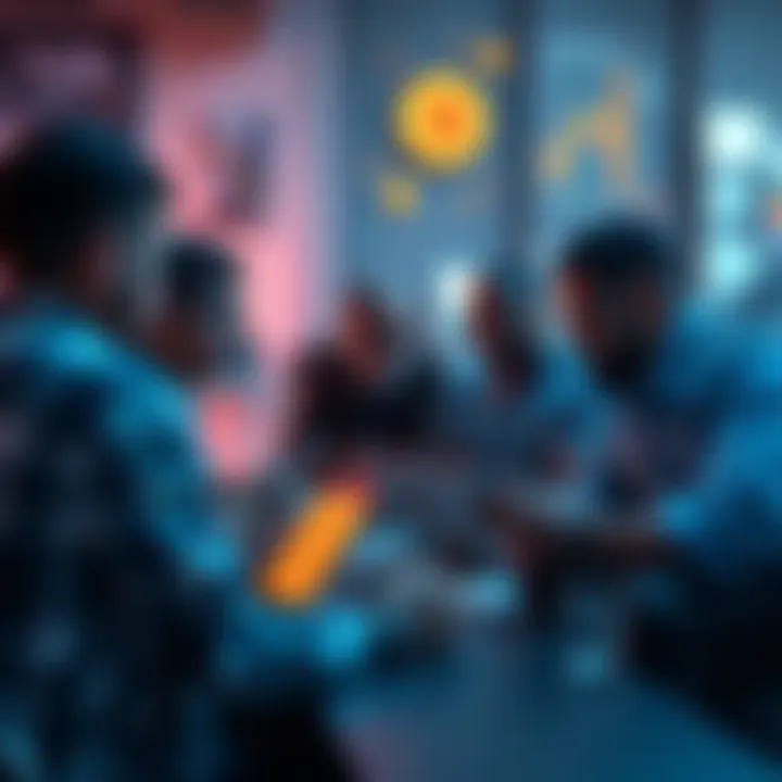 A group of people chatting about Bitcoin with laptops and smartphones, sharing ideas and questions.