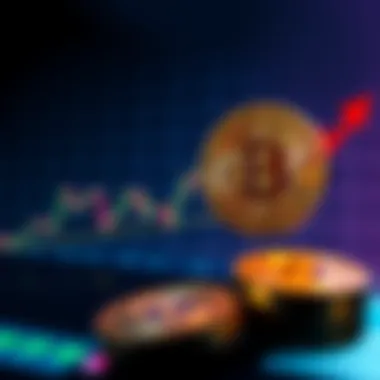 A chart showing the fluctuating values of Bitcoin alongside the US dollar, with arrows indicating changes in market volume and inflation impact.