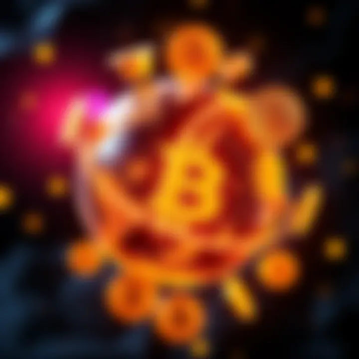 A globe with Bitcoin symbols surrounding it, indicating a world where Bitcoin is the main currency, while traditional cash is pushed aside.