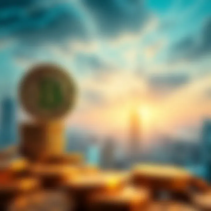 A visual representation of Bitcoin coins with a city skyline in the background, symbolizing financial empowerment and global economic change.