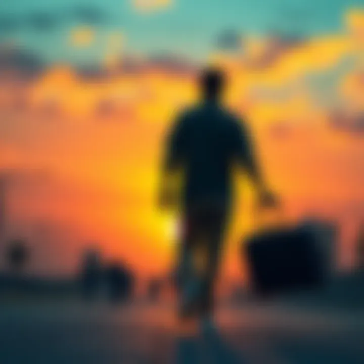 A Bitcoin enthusiast with a suitcase walking away from a sunset view of El Salvador, expressing discontent