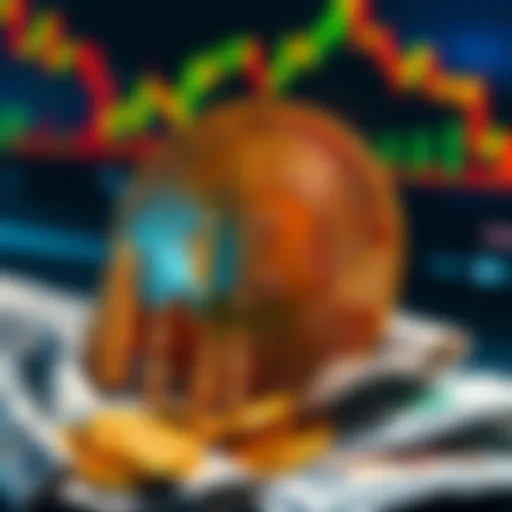 A Bitcoin symbol surrounded by stock market graphs and currency notes, representing the merge of crypto and traditional finance.