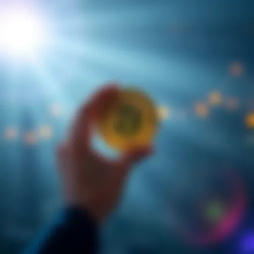 A person holding a Bitcoin symbol while looking at a bright future, representing financial independence.