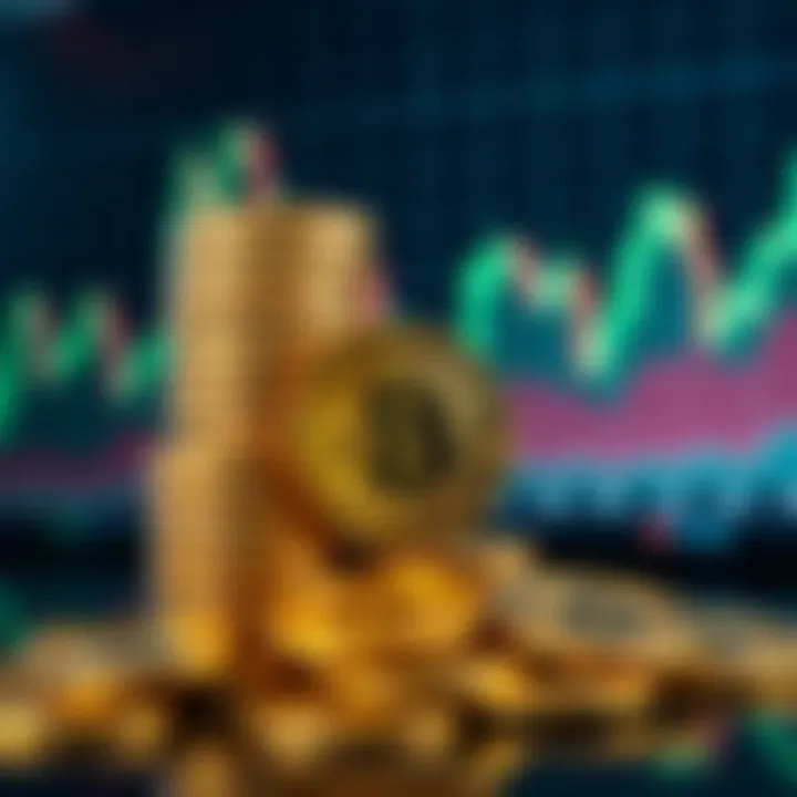 A pile of Bitcoin coins in front of a rising financial chart, symbolizing financial freedom and the goal of a fair system for all
