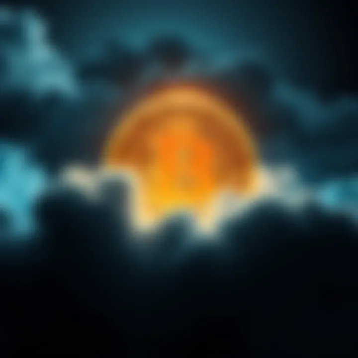A glowing Bitcoin symbol surrounded by dark clouds, symbolizing a safe haven in uncertain financial times.