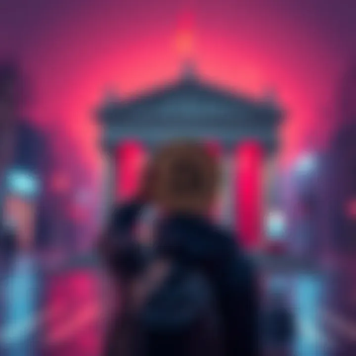 A person holding a Bitcoin symbol while walking away from a traditional bank, representing freedom and responsibility in finance.