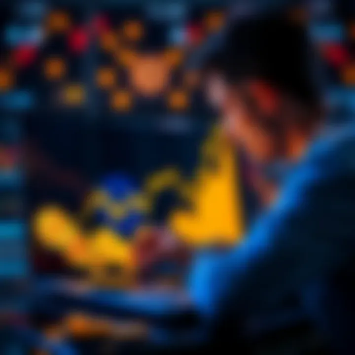 A person looking at a rising graph on a laptop screen with Bitcoin symbols around.