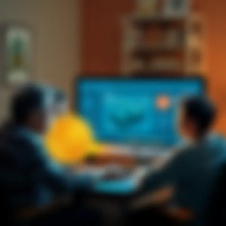 A family gathered around a computer discussing Bitcoin inheritance with a digital wallet on the screen