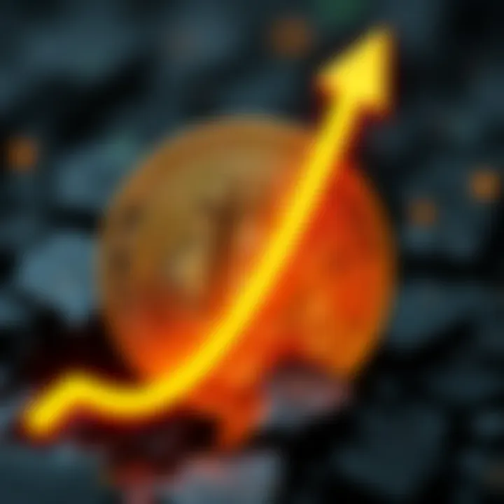 A golden Bitcoin coin with an upward arrow symbolizing growth and potential value increase.