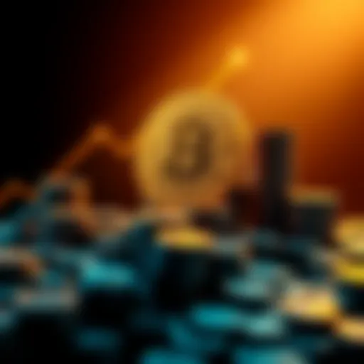 A graphic showing Bitcoin symbol rising with stacks of coins symbolizing wealth by 2035.