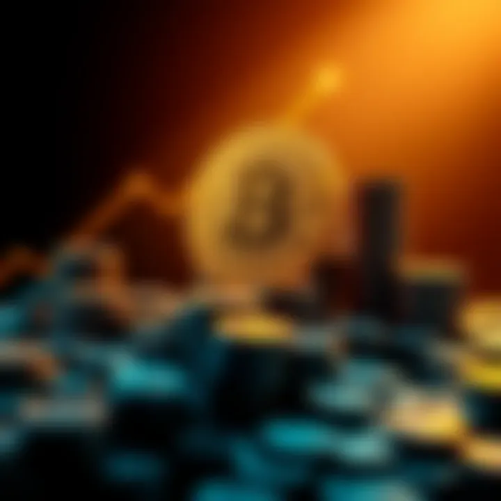 A graphic showing Bitcoin symbol rising with stacks of coins symbolizing wealth by 2035.