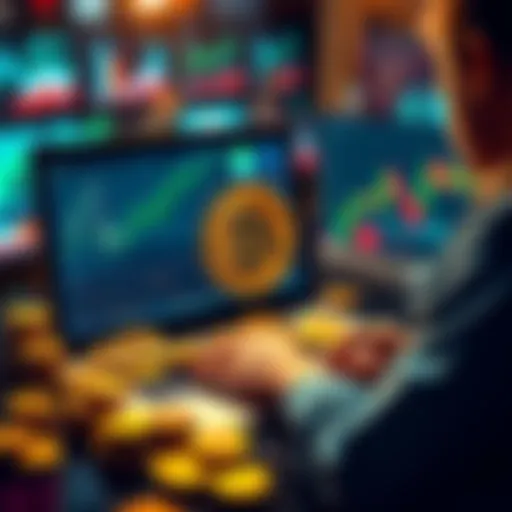A person analyzing cryptocurrency trends on a laptop, surrounded by coins and charts, symbolizing Bitcoin's potential in the future.