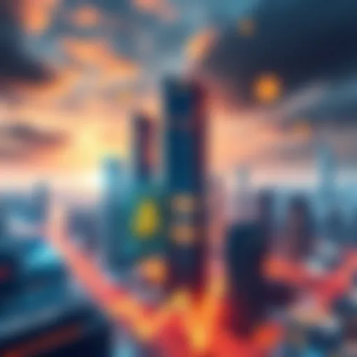 A futuristic city skyline with digital currency symbols and graphs representing Bitcoin growth and advancement towards 2035.