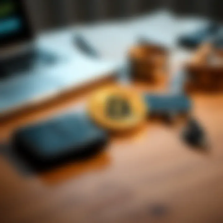 A close-up of two Bitcoin hardware wallets, Ledger and Trezor, placed on a wooden table with a laptop in the background