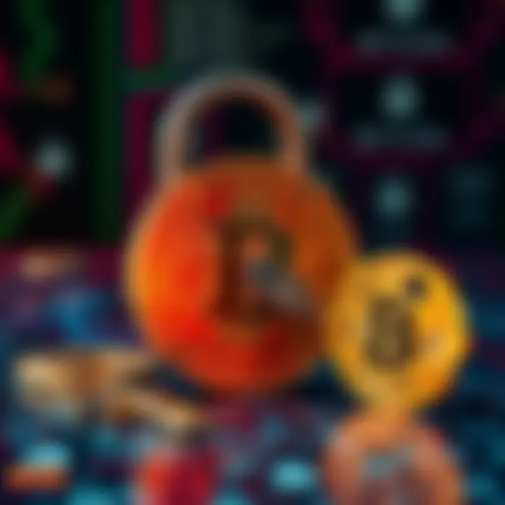 A digital representation of Bitcoin being copied through hash collision, showing a lock and key symbolizing security and theft issues, with a backdrop of computer code.