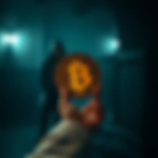 A person holding a Bitcoin symbol looks worried as a shadowy figure approaches them, symbolizing the rise of physical attacks on Bitcoin holders in 2025.