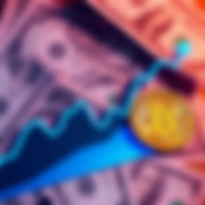 A graph showing the decline of Bitcoin value against rising inflation rates with dollar bills in the background.