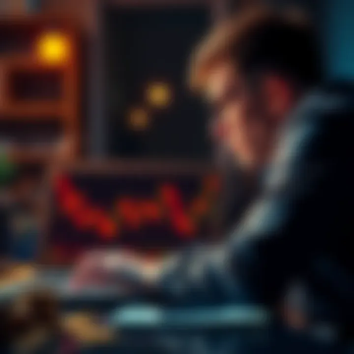 A person examining Bitcoin charts on a laptop, with a look of concern and hope, symbolizing the risks and potential of investing in Bitcoin.