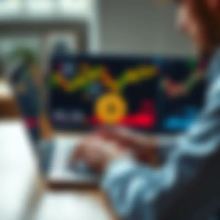 A person reviewing Bitcoin market trends on a laptop with charts and graphs displayed