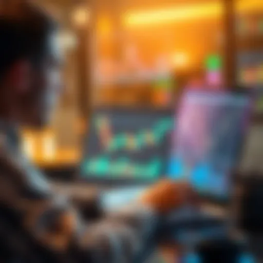 A person analyzing Bitcoin trends on a laptop with charts and graphs in the background.