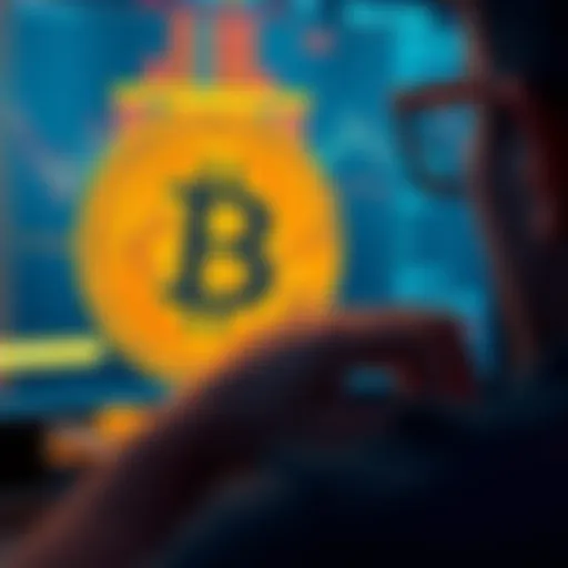 A person examining a Bitcoin symbol on a screen with small coins around them, reflecting thoughts about starting to invest small amounts