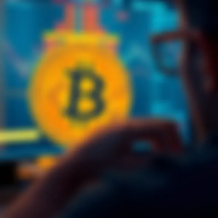 A person examining a Bitcoin symbol on a screen with small coins around them, reflecting thoughts about starting to invest small amounts