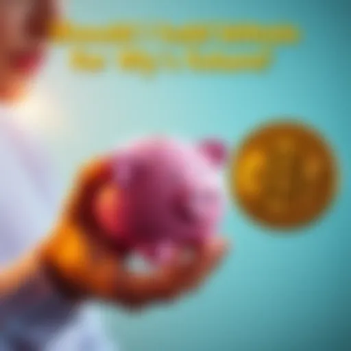 A parent holding a piggy bank and Bitcoin symbol, contemplating investment options for their child's future.