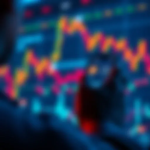 A person looking at Bitcoin prices on a smartphone with vibrant digital charts in the background
