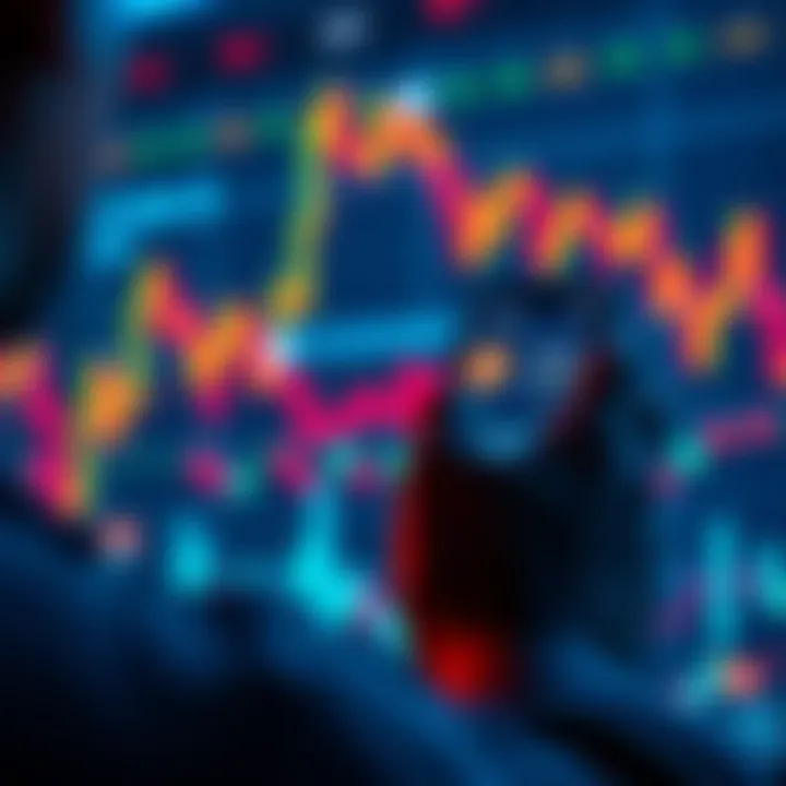A person looking at Bitcoin prices on a smartphone with vibrant digital charts in the background