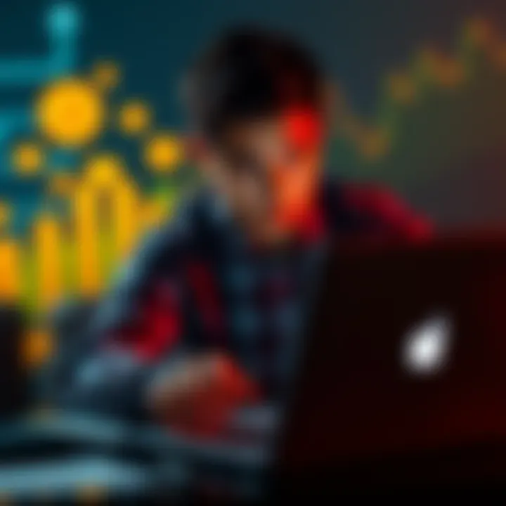 A person examining Bitcoin charts on a laptop, with cryptocurrency symbols in the background, reflecting investment choices between safety and growth.