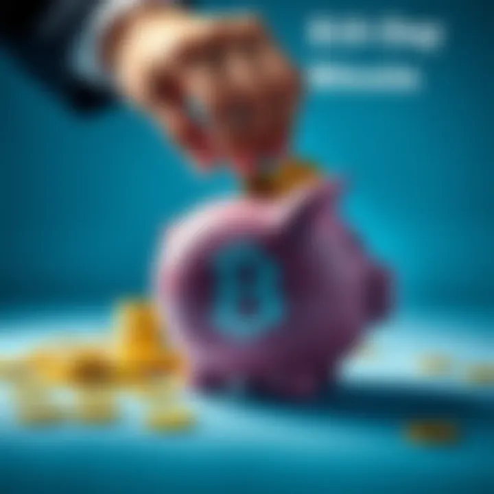 A person adding coins labeled Bitcoin to a piggy bank, symbolizing daily investment