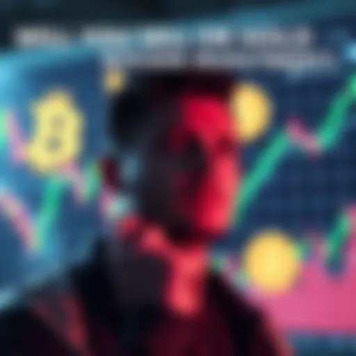 A person contemplating whether to sell or hold their Bitcoin investment, with charts and Bitcoin symbols in the background.