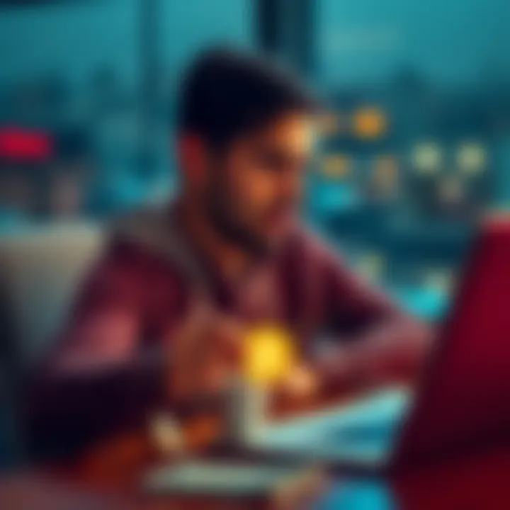 A person contemplating investing in Bitcoin with dollar bills and a laptop on a table