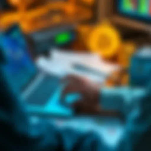 A person analyzing Bitcoin charts and investment strategies on a laptop with financial documents and a calculator nearby.
