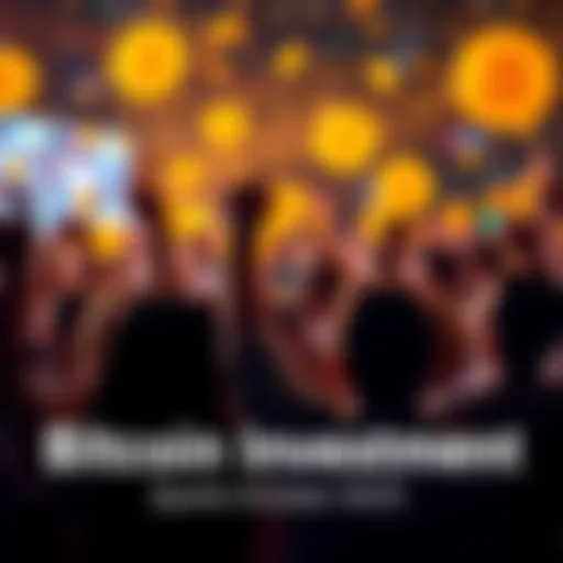 People celebrating the rise in Bitcoin investment with joy and enthusiasm, holding up symbols of cryptocurrency.