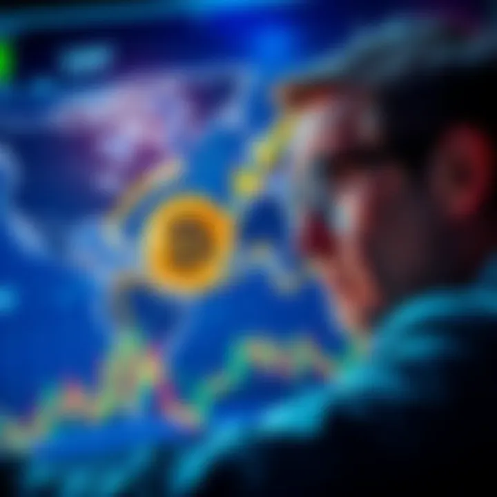 A worried investor looking at a Bitcoin chart with a world map in the background, symbolizing concerns about global conflict affecting cryptocurrency investments.
