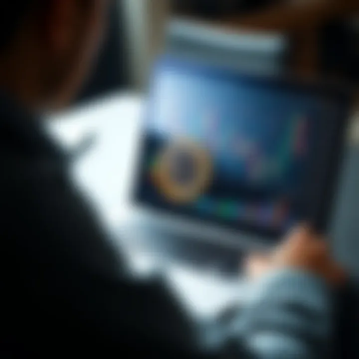 A person analyzing Bitcoin charts on a laptop with financial graphs and statistics on the screen.