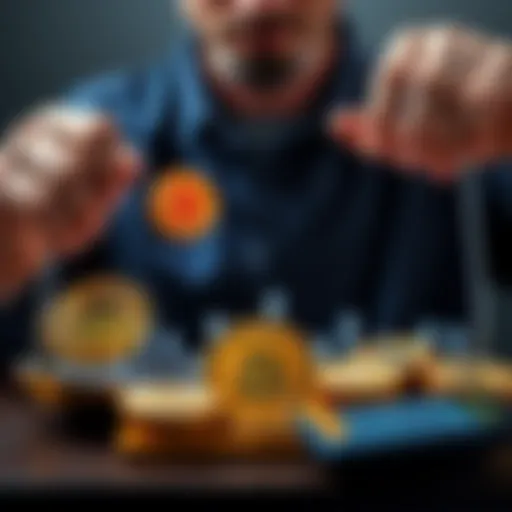 A person weighing two choices: buying one Bitcoin outright or dollar-cost averaging into Bitcoin each month, with Bitcoin images and a calculator.