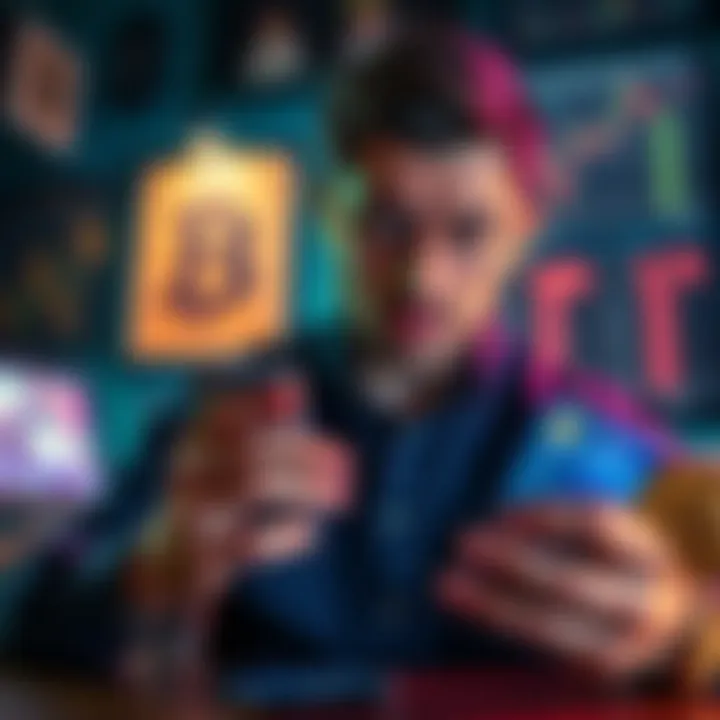 A person looking worried while checking Bitcoin prices on a smartphone with credit cards nearby