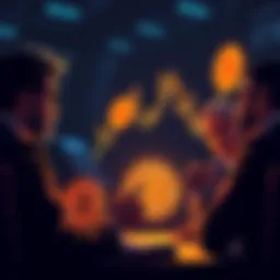A group of investors discussing Bitcoin investment options, some leaning towards full BTC while others prefer a balanced portfolio with equities.