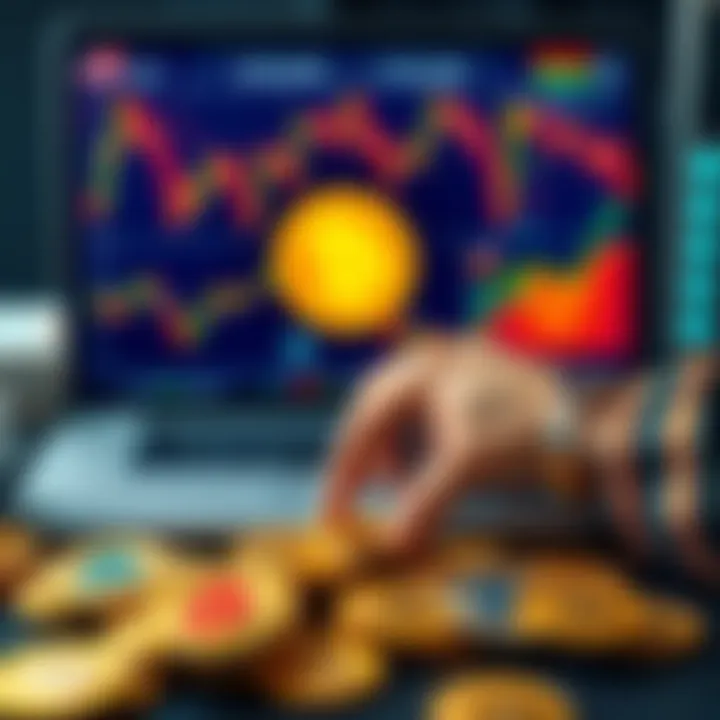 A person analyzing Bitcoin price charts and exchange fees on a laptop with coins in the foreground