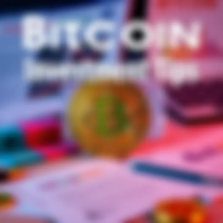 A graphic showing essential tips for new Bitcoin investors, with a Bitcoin symbol and educational materials in the background.
