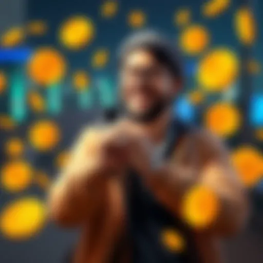 A joyful Bitcoin investor shows off an engagement ring, surrounded by cryptocurrency symbols and a happy atmosphere.